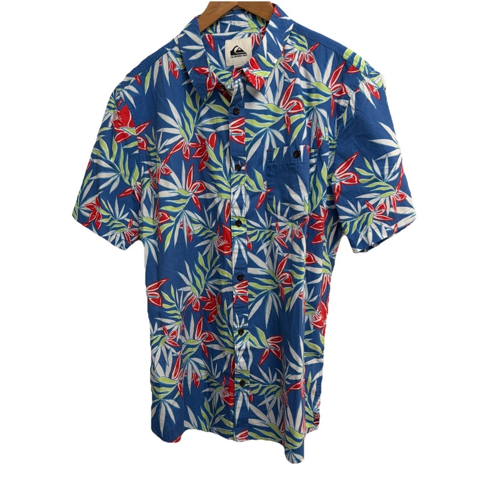Quicksilver Shirt Men's Large Short Sleeve Button Down Floral Hawaiian  Blue/Red